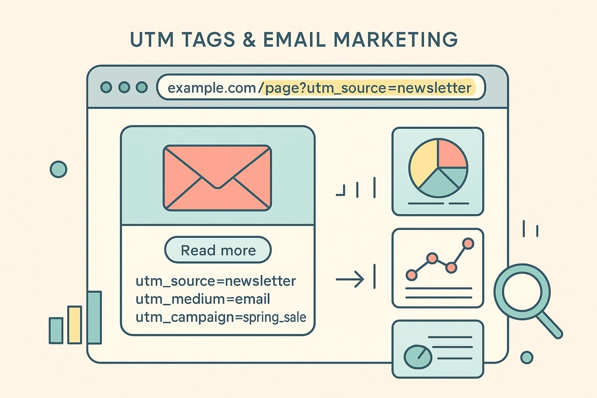 Etiquetas UTM e marketing por email ilustrados.