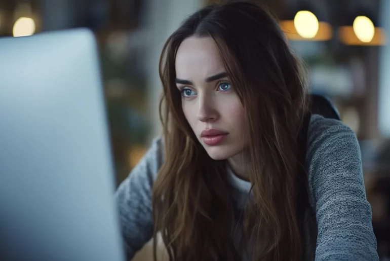Mulher concentrada em frente a uma tela de computador.