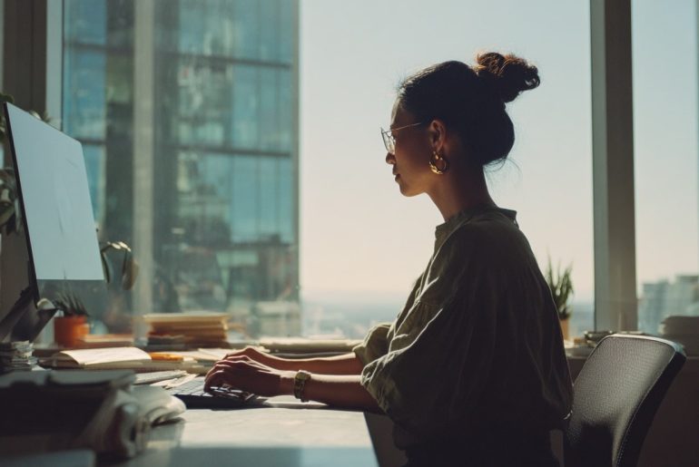Mulher concentrada trabalhando em um computador em um escritório iluminado.