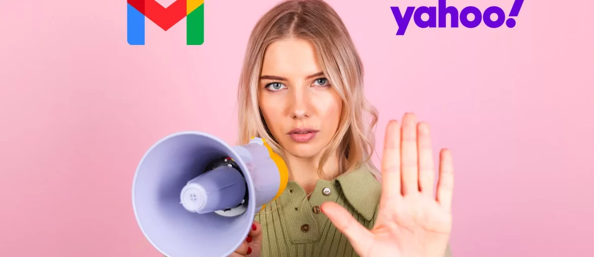 E-mails não autenticados rejeitados pelo Gmail, Yahoo… Mulher com megafone em frente aos logotipos do Gmail e Yahoo.
