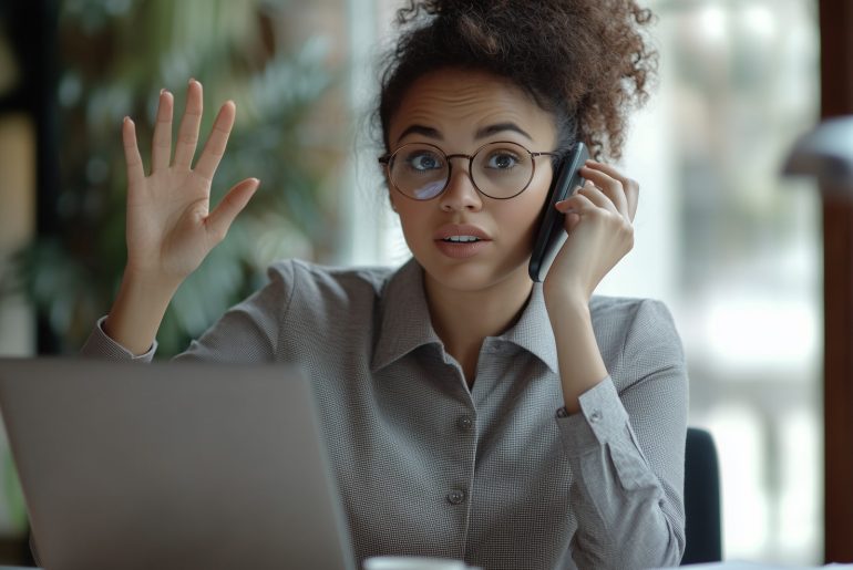 Mulher ao telefone levantando a mão, surpresa