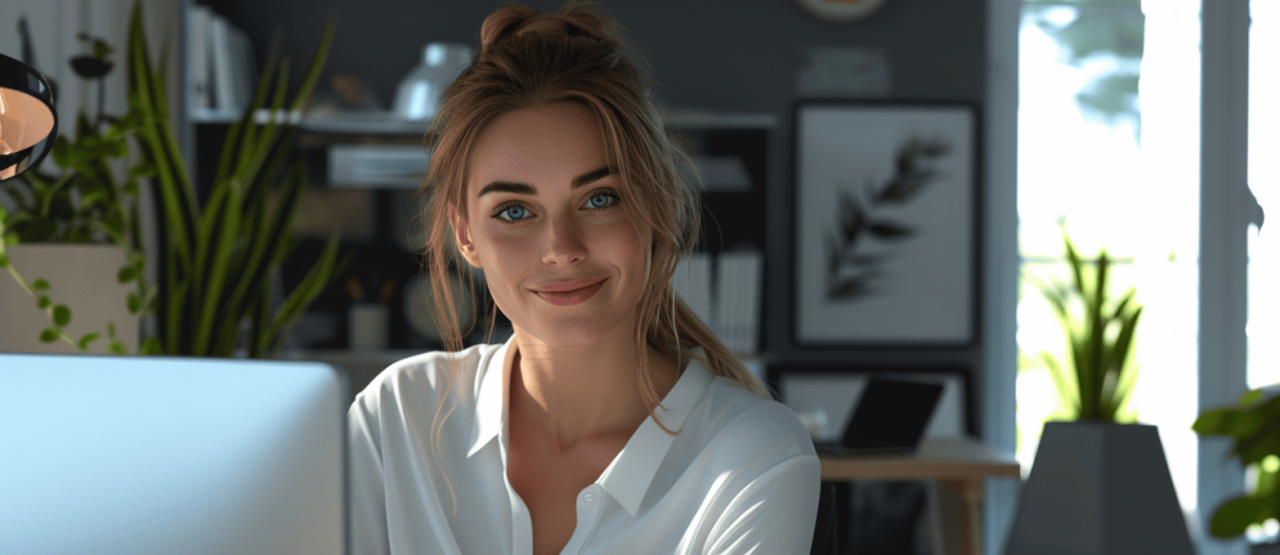 As palavras mágicas: gatilhos emocionais para impulsionar suas conversões de email marketing Mulher sorridente trabalhando no computador no escritório.