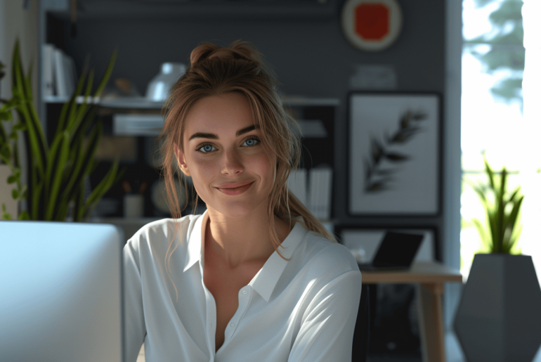 Mulher sorridente trabalhando no computador no escritório.