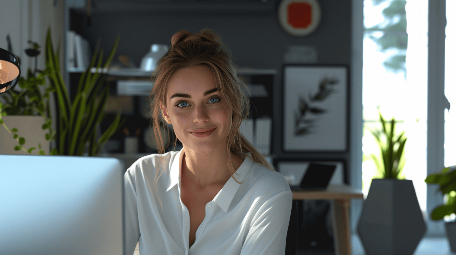Mulher sorridente trabalhando no computador no escritório.