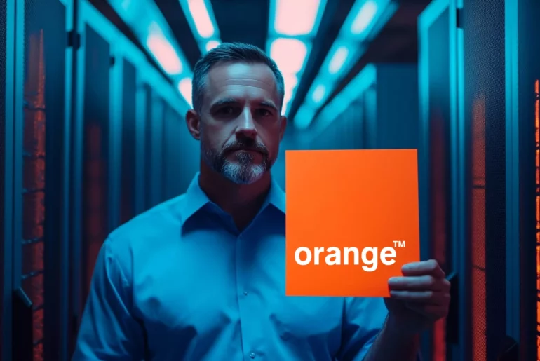 Homem segurando placa laranja na sala do servidor