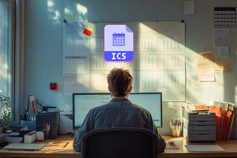 Pessoa trabalhando em computador, ícone de calendário ICS.