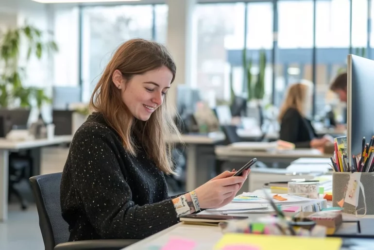 Mulher sorridente usando smartphone em seu escritório.