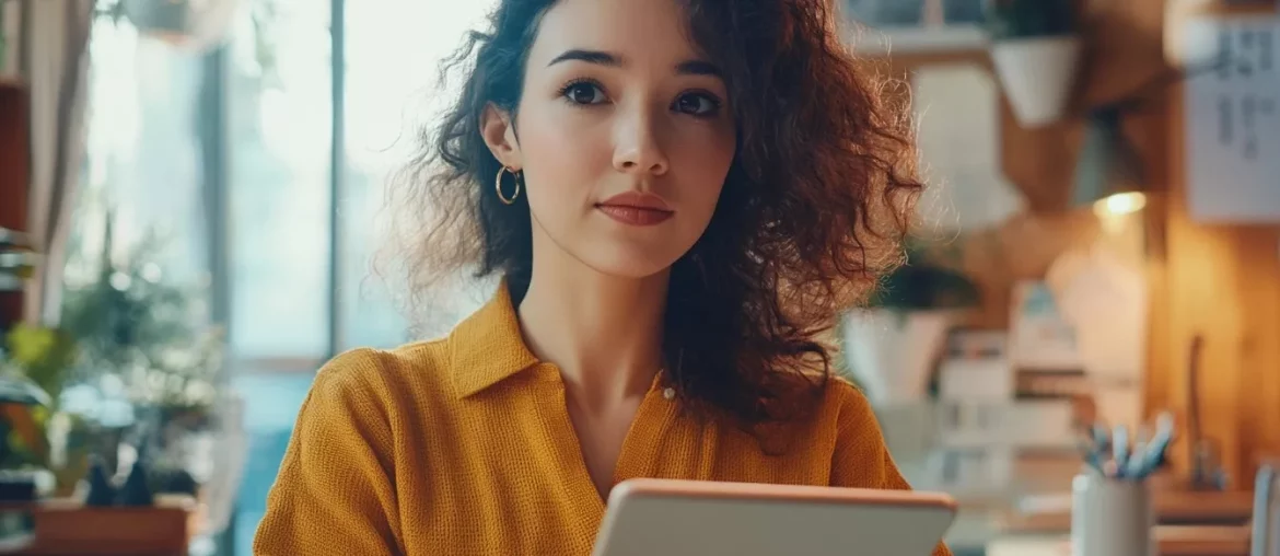 7 boas práticas para redigir emails de Follow-up (Acompanhamento) eficazes? (+ exemplos) Mulher sorridente segurando um tablet em um escritório.