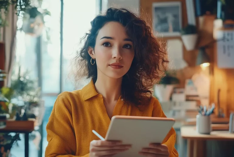 Mulher sorridente segurando um tablet em um escritório.