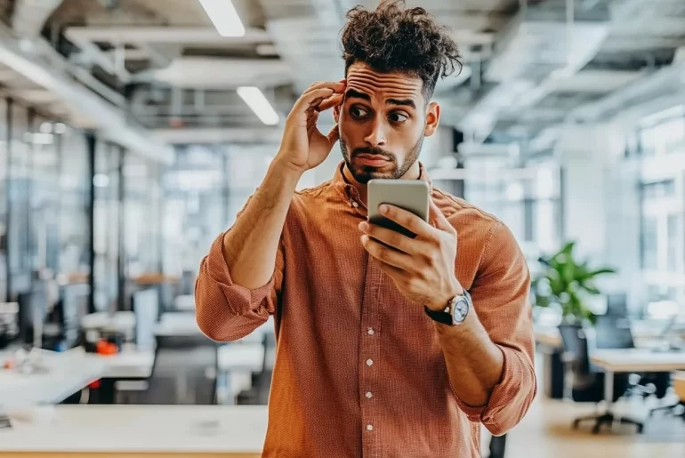 Homem perplexo olhando para seu telefone no escritório.