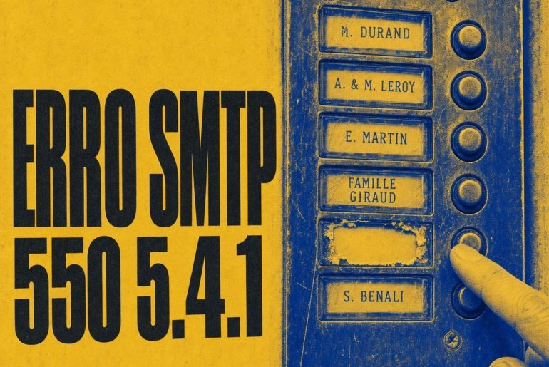 Painel de intercomunicador de prédio com uma etiqueta de nome arrancada, ilustração do erro SMTP 550 5.4.1